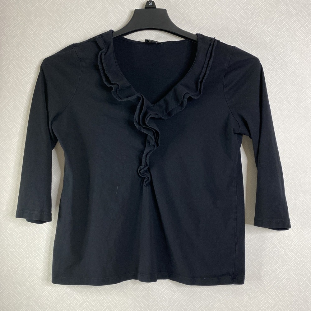 Talbots Ruffle V-Neck Top Womens Medium Black 3/4 Sleeve Cotton Modal Classic